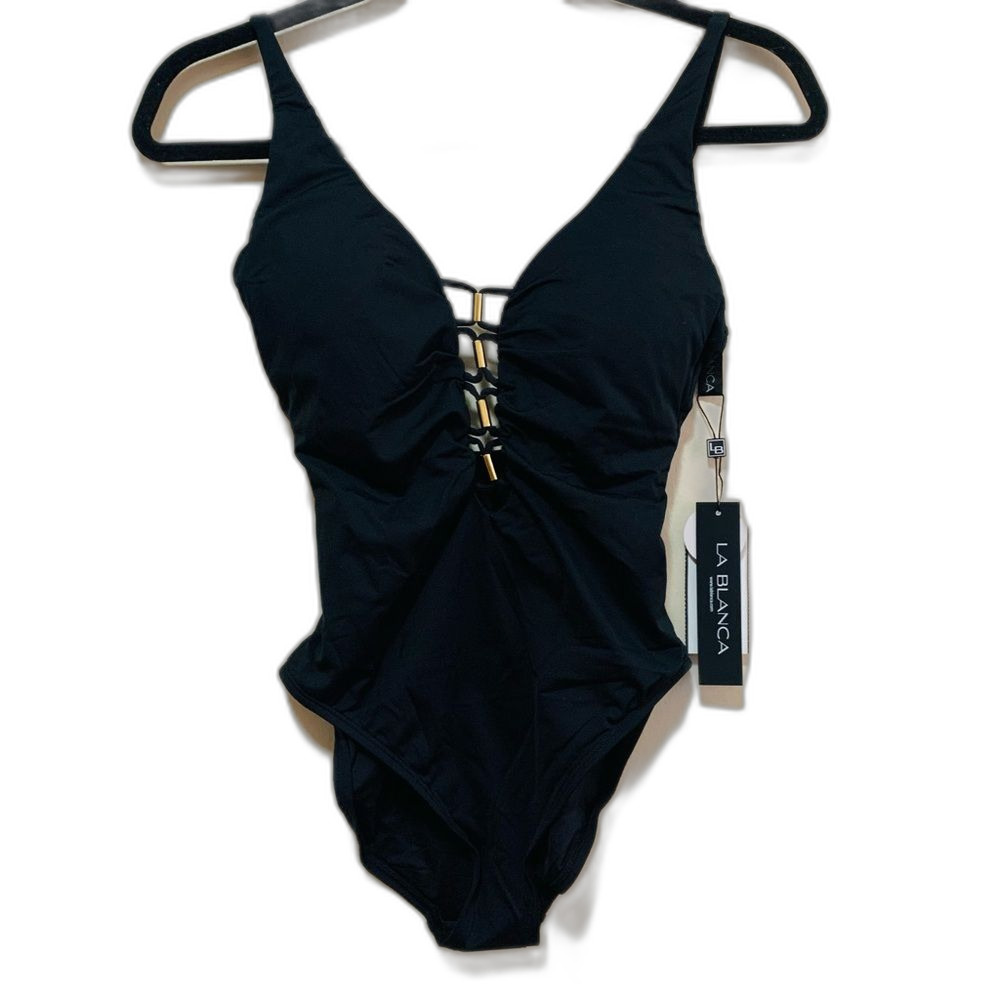La Blanca Island Goddess Plunge Black Once Piece Swimsuit size 6